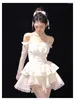 Sukienki imprezowe dziewczyna koronkowa biała kawaii sukienka lolita kobieta kaskadowa ruffl długie rękawowe wróżki urodziny quinceanera