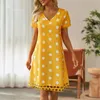 Casual Jurken Zomer Mode Dames V-hals Korte Mouwen Effen Kleur Polka Dot Holle Zijjurk Zoom Voor Kleine Vrouwen