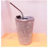 Taza de acero inoxidable con diamantes de imitación, tazas brillantes con botella de agua con pajita, tazas de café, jugo, bebida fría, vaso termo de cristal con diamantes 240115