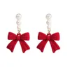 Ohrhänger, rote Schleife, beflockt, minimalistische Perlen-Plüsch-Ohr-Accessoires für Damen