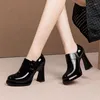 Dress Shoes Women Pu Leather Platform Black Fashion Loafers Gothic Chunky High Heels Pumps Woman Design Solid Color Round Toe