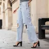 女子ジーンズの女性ズボンの女性ソリッドルーズワイドレッグリッピングデニムパンツファッションスリムカジュアルストリートウェア衣類青
