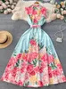 Runway Zomer Vakantie Bloemenjurk Dames Mouwloos Strikje Hals Enkele rij knopen Bloemenprint Riem Boho Maxi Feestjurk 240113