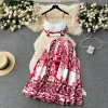 New Summer Beach Boho Holiday Vacation Women Two Piece Dress Sets Sexy Strapless Fashion Dots Print Short Chiffon Shirt And High Waist Mermaid Long Skirt Set 2024