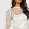 Casual Dresses Women's Large and Liten Sequined See Through Mesh Two Piece Suspender Dress White Long Sleeve Kort för Eveing ​​Party