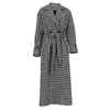 Women's Trench Coats Houndstooth Print Long Coat High Street Elegant Double Breasted Black White Plaid Outerwear Fall Winter