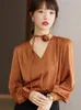 Blouses pour Femmes Chemise à Col Cravate Fleur Acétate Satin Style Coréen Plissé Banlieue Lâche Tombant Haut Élégant Chemisier à Col en V de Haute Qualité