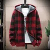 Mens Winter Plaid tröja Huven Cardigan Cold Coat Wool Zipper Jacket Autumn Fleece Warm Clothered Knit Jumper 240115