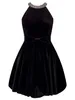 Повседневные платья YIGELILA Модное женское черное бархатное короткое платье Элегантный Холтер с бриллиантами в стиле ампир Однотонное вечернее платье трапециевидной формы длиной выше колена 68359
