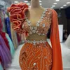 2024 Aso Ebi Orange Mermaid Prom Dress Beaded Crystals Sequined Evening Formal Party Second Reception Birthday Engagement Gowns Dresses Robe De Soiree ZJ48