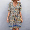 Casual Dresses Short Sleeve Deep V Neck Flowy Mini Dress Formal For Wedding Guest A Line Ruffle High midje blommigt tryck Boho