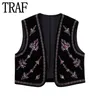 TRAF velours brodé gilet pour femmes recadrée noir gilet Vintage Cardigan sans manches veste femme automne perles 240115