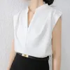 Blouses pour femmes 2024 été col montant chemise à manches volantes femmes décontracté hauts amples col en v noir dames élégant Simple chemisier blanc 27873