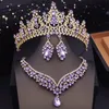 Mode Paarse Kleuren Bruidssieraden Sets Met Tiara Prinses Bruiloft Kroon Ketting Oorbellen Set Bruid Kostuum Accessoires 240115