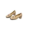 Spring and summer small fragrant wind square head high heels thick metal square buckle French small leather shoes