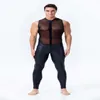 New Design Men Faux Leather Jumpsuit Sexy Mesh Stretch Catsuit Sleeveless See Through Bodysuit Male Zipper Open Crotch Clubwear234y