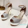 Sapatos de vestido plataforma mulheres sandálias peep toe tornozelo cinta fivela stiletto elegante festa de casamento bomba salto alto verão strass