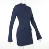 Casual Dresses Mozision Dark Blue Two Pocket Sexig miniklänning för kvinnor 2023 Autumn Winter Long Sleeve Bodycon Club Party Elegant