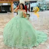 Green Off The Shoulder Beading Crystal Quinceanera Dresses Ball Gown Appliques Lace Tull Sweet 15 Vestidos De XV Anos