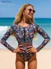 Swim Wear Peachtan Women's Full Swimewear Long Sleeve One Piece Swimsuit New 2023 Vintage Swime Surfing Suit Print High Leg Bathing Suitl240115