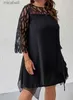 Basic Casual Dresses Elegant Ladies Plus Size Three Quarter Sleeve Dress Lace Sequin Mesh Sexy Casual Party Red Black Cutout Loose Summer Dress YQ240115