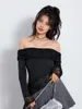 القمصان النسائية T Women S Sexy Lace Progned Tops Y2K Long Slive Slim Fitt Off Counter Cutt Out Tee Streetwear