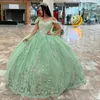 Green Off The Shoulder Beading Crystal Quinceanera Dresses Ball Gown Appliques Lace Tull Sweet 15 Vestidos De XV Anos