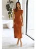 Casual Dresses Sexig backless Brown Satin Party Dress Elegant Silk Splt Midi Robe for Women O Neck Sleeveless Solid Fashion 2024 Vestidos