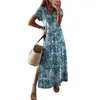 Feestjurken Dames Strandjurk Korte mouwen Losse bloemenprint V-hals Vintage Dating Zijsplit Kleurvast Maxi Vrouwelijke kleding