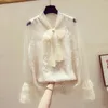 Women's Blouses V-Neck Casual Shirts Women Fashion Floral Lace Bow Tops Solid Long Sleeve Ladies Spring Autumn Elegant Blouse Formal