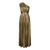 Sukienki swobodne złote jedno ramionowe sukienka Kobiety Formalna suknia balowa obiad Maxi Elegancki brokat Shinny High talia Szczupła plisowana