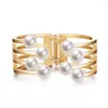 Bangle Open Cuff Bracelets For Women Stainless Steel Imitation Pearl Bangles Geometric Hollow Alloy Charm Accessories