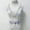 Sexy Costumes Gothic Handmade Holographic PVC 3 Piece Set Women Collar Choker Sexy Crop Top Link Chain Waist Belt Rave Festival Ma2327