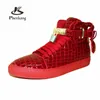 Fenkang män präglade höga topp sneakers lås spets röda lägenheter riktiga läder designer stövlar mäns casual skor 240115