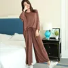 Grande taille maison costume automne lâche à manches longues pyjamas deux pièces ensemble neuf points jambe large pantalon pijama vêtements de nuit femme 240115