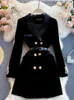 Autumn Winter Black Velvet Blazer Coat Women Long Sleeve Double Breasted Notched Suit Jacket Office Ladies Belted Slim Outwear 240113