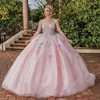 Robes de Quinceanera rose 2024 fleur Tulle perles hors de l'épaule robe de soirée Appliques à lacets Court Train robe de bal de bal