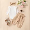 -11-03 Lioraitiin 0-24m Baby Girl Daisy Print Outfit Sólido com nervuras Ruffle Romper Calças de manga comprida Headbands Roupas Set 240115