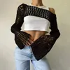 Blusas femininas Verde Malha Crop Top Mulheres Malha Manga Longa T-shirt Praia Verão Fishnet Oco Out Smock Crochet Sweater Y2K Tops Cover Up