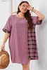 Vestidos casuais básicos plus size irregular em torno do pescoço feminino camiseta vestido xadrez arregaçar mangas curtas camisa feminina robe verão roupas casuais yq240115