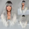 Perruque femme européenne et américaine gris dégradé cheveux longs bouclés grande vague fibre chimique couverture complète de la tête Ombre gris Wig240115