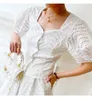 Vestidos de trabalho de algodão conjunto feminino 2024 primavera verão saia terno senhoras allover requintado bordado topos camisa bolso retalhos branco