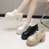 Dress Shoes 2024 Fashion High Heels Women Leather Platform Square Heel Lace Up Oxford Party Role Play Uniform