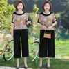 Women's Two Piece Pants Summer Women 2 Set Rose Flower Print Short Sleeve Top And Wide Leg Two-Piece Suit Casual Loose Clothing 5XL