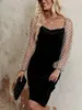 Hepburn Style Black Dress 2024 Spring and Autumn U Collar Long Sleeve Garn Mesh Polka Dot Splicing Canary A-line kjol Medium LE 240115