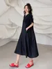 Party Dresses Patchwork Pleated Black Vintage for Women Korean Fashion Kort ärm Loose Casual Summer Long Dress Clothing 2024