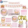 Vaisselle jetable filles un premier joyeux anniversaire vaisselle jetable assiette rose serviettes tasse chapeau pour fête de naissance 1 an fête d'anniversaire Decovaiduryd