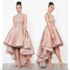 Roségoldene Heimkehrkleider, Neckholder, High-Low-Glitzer, kurze Ballkleider, Cocktailkleid, benutzerdefiniertes Vestido de Novia, Abschlussfeier-Kleider in Übergröße