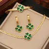 18K Gold Stainless Steel Chunky Flat Clover Necklace Earring and Bracelet Statement Emerald Jewelry Set for Women