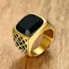 Men Square Black Carnelian Semi-Precious Stone Signet Ring in Gold Tone Stainless Steel for Male Jewelry Anillos Accessories243I